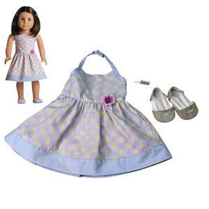 NEW American Girl CHRISSA SUNDRESS Polka Dot Flower Hair Barrettes Shoes Box